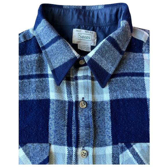 Vintage 70's Sears Navy White Plaid Flannel button down size XL Tall - Picture 9 of 16